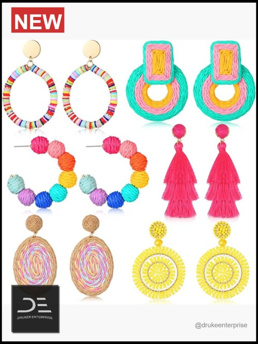 6 Pair Rattan Tassel Bohemian Drop Dangle Earrings Set Woven Straw Geometric